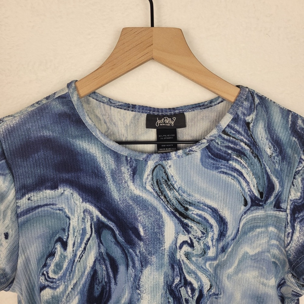 Just Polly New York Blue Marble Ribbed Crop Top Handkerchief Hem Chain Detail XL - Picture 5 of 8